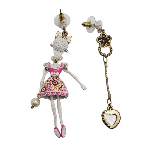 Betsey Johnson Skeleton Earrings Dia de los Muertos Pink Heart 3" Drop Dangle - Picture 5 of 8